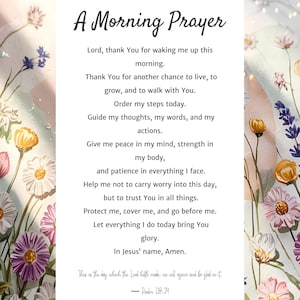 Puede incluir: Una tarjeta blanca con el texto "A Morning Prayer" en una elegante escritura. La oración incluye peticiones de guía, paz y fuerza. La obra de arte floral en acuarela rodea el texto, con margaritas y otras flores.