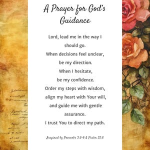 Può includere: Una carta bianca con il testo "A Prayer for God's Guidance" e una preghiera. La carta è decorata con rose ad acquerello nei toni del rosa e dell'arancio, con foglie verdi. Lo sfondo ha un aspetto pergamena vintage.