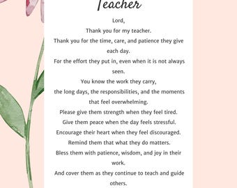 Teacher Appreciation Prayer Printable, Christian Teacher Gift, Prayer for Teacher, Thank You Teacher Gift, Teacher Blessing Print