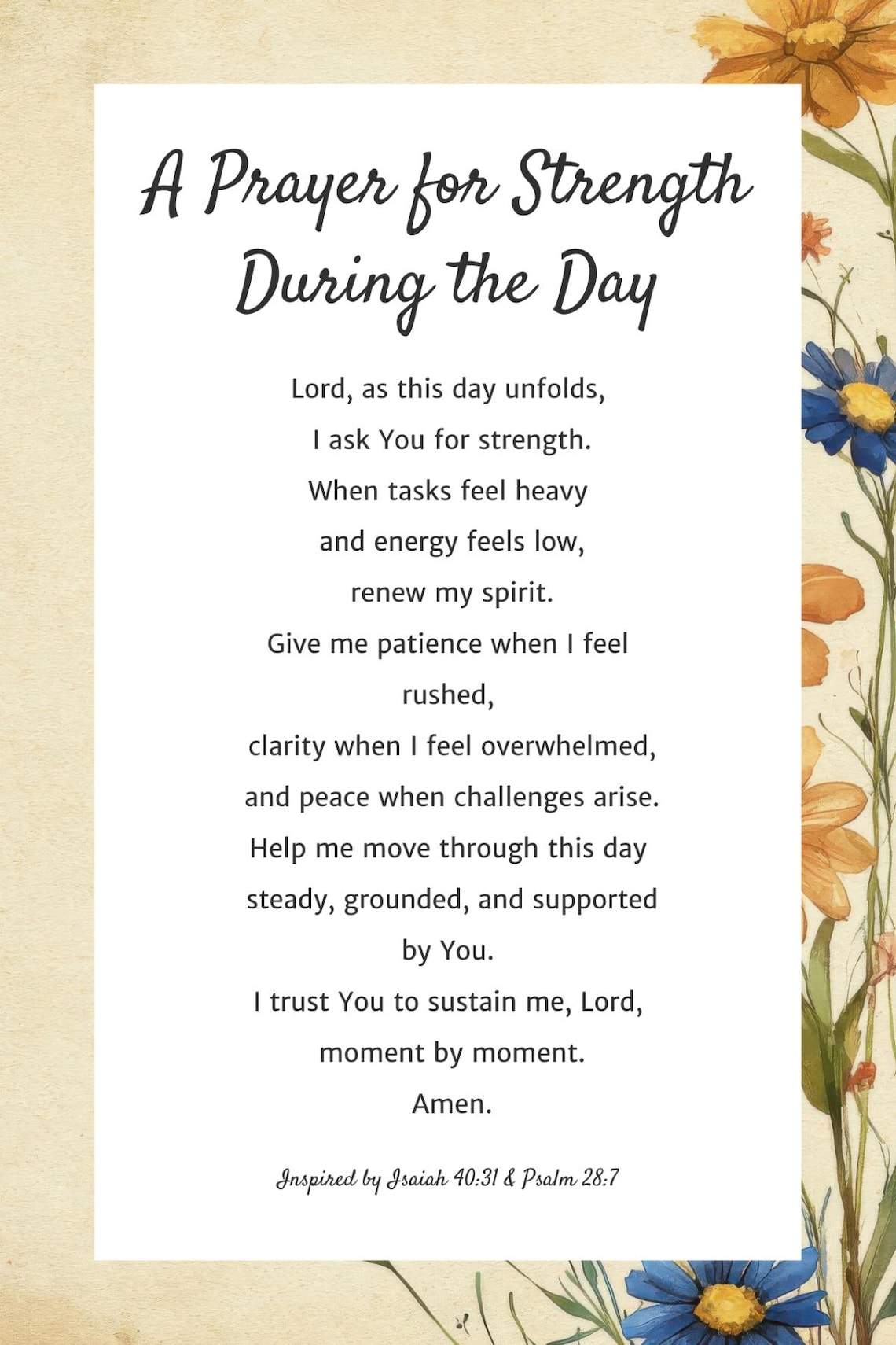 A Prayer for Strength During the Day Printable, Christian Wall Art ...