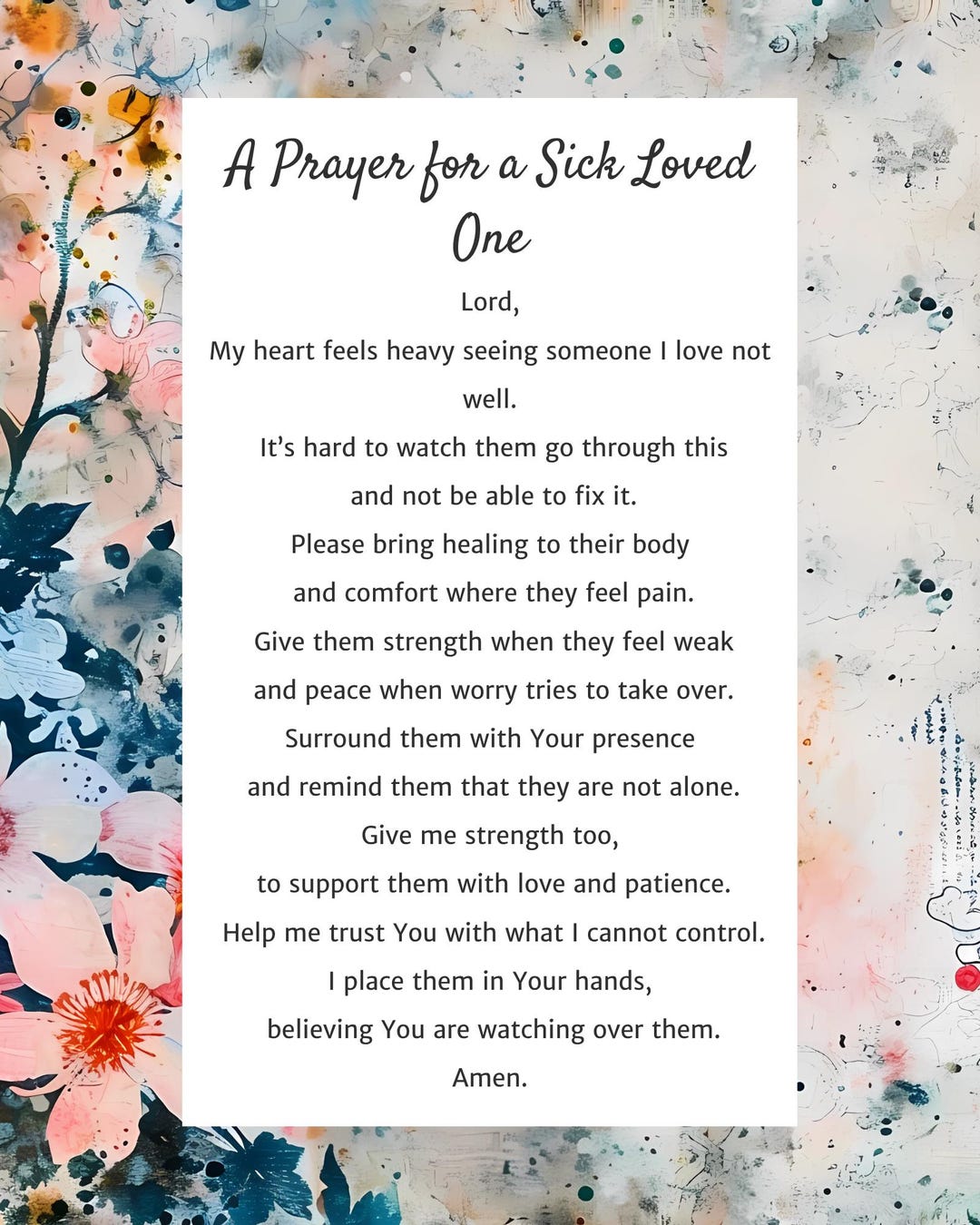A Prayer for a Sick Loved One, Healing Prayer Printable, Christian ...