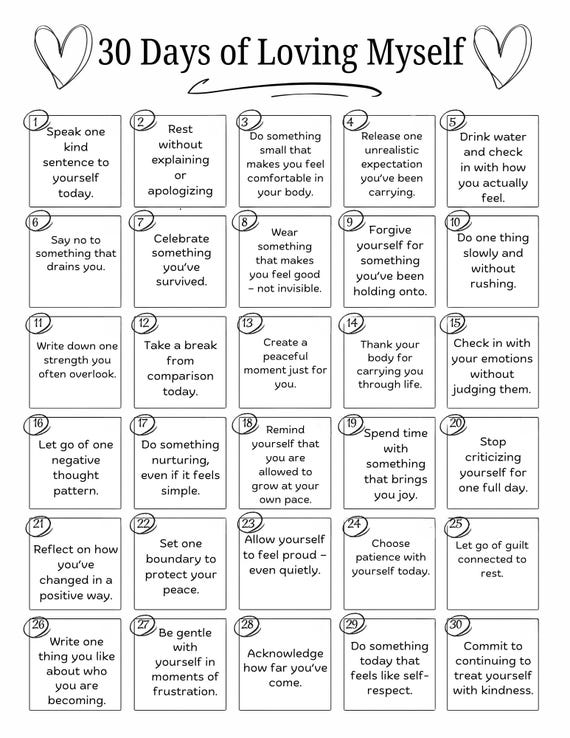 30 Days of Loving Myself, Self Love Challenge Printable, Daily Confidence & Self Care Calendar