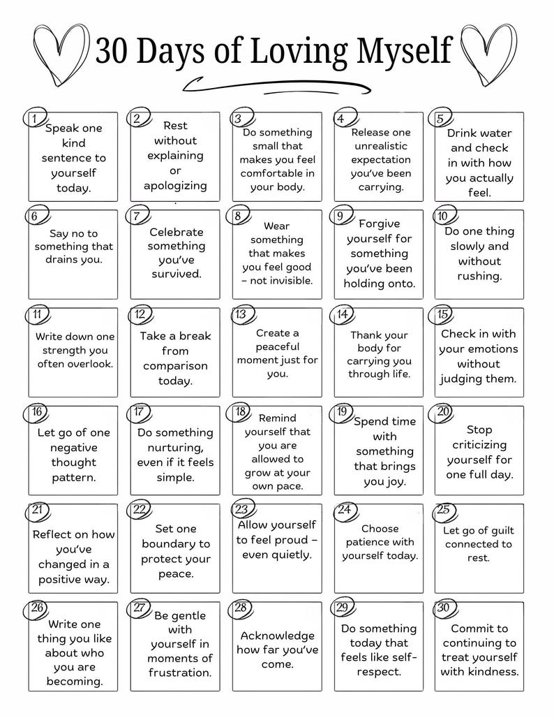 30 Days of Loving Myself, Self Love Challenge Printable, Daily Confidence & Self Care Calendar