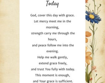 May include: A rectangular card with the text "A Prayer for Grace Over Today" in elegant script. The prayer is printed in black font on a white background, surrounded by floral illustrations in shades of yellow, blue, and green.