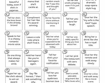 May include: A white paper with a gold ring graphic and the text "30 Days of My Wife Funny Marriage Challenge." The challenge includes 30 prompts for romantic gestures and compliments.