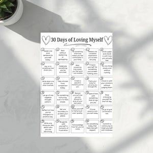 May include: A white card with the text "30 Days of Loving Myself" and a list of self-care prompts. The prompts are in a grid format, with each box containing a short phrase such as "Speak one kind sentence to yourself today."