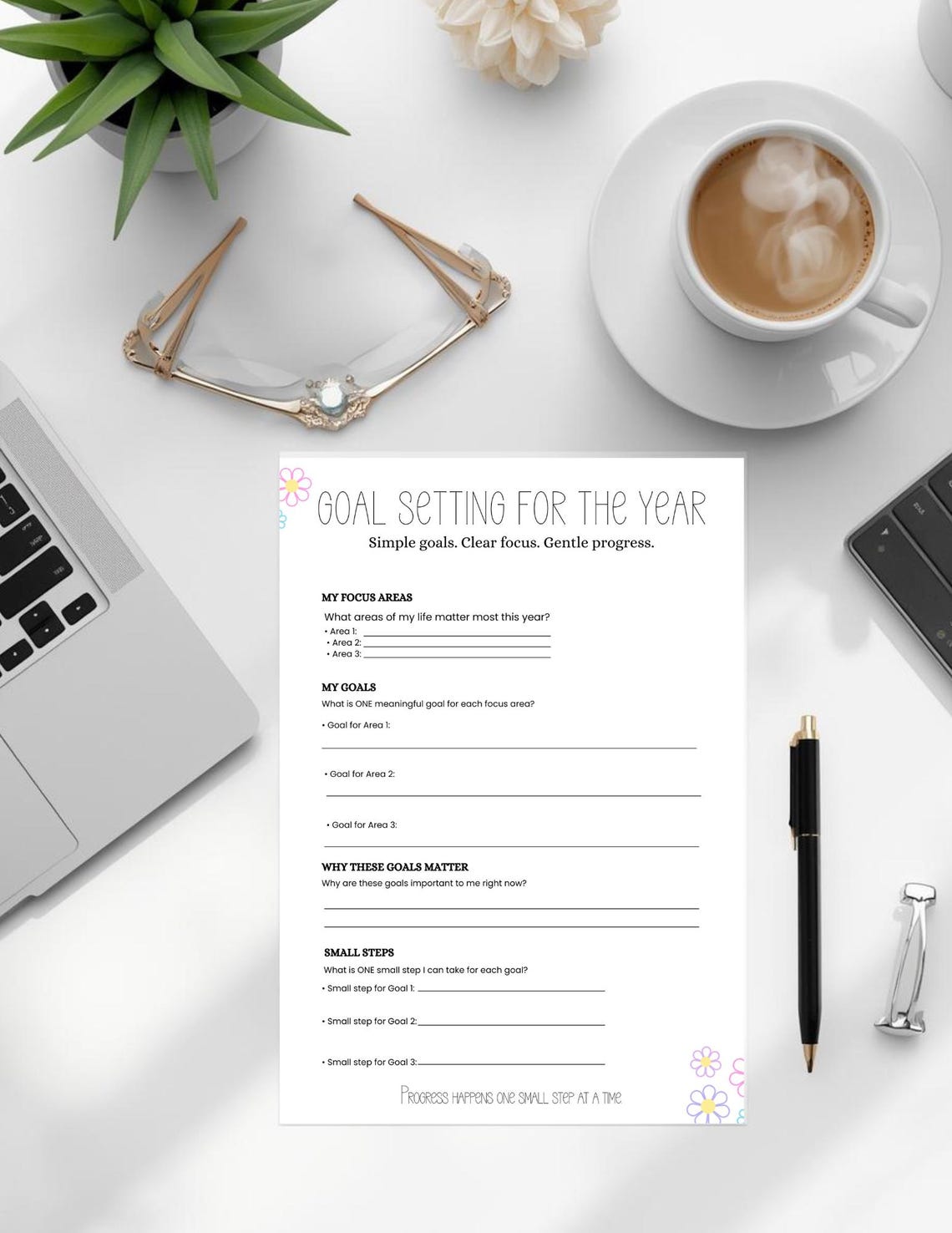 New Year Goal Setting Worksheet, One Page Goal Planner Printable