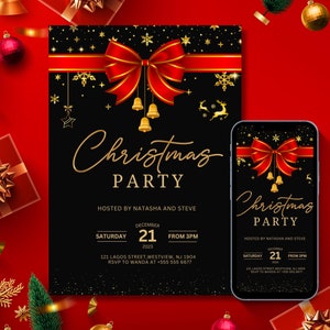 Sjabloon kerstuitnodiging bewerkbaar, uitnodiging kerstfeest, rood en goud, direct downloaden
