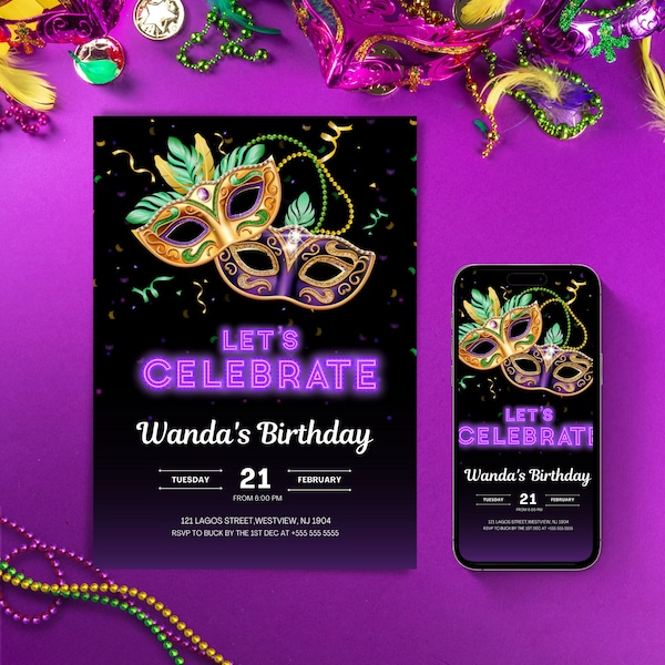 Modèles d'invitations de Mardi Gras, soirée de Mardi Gras, célébrons une invitation, invitation modifiable de mascarade, téléchargement immédiat