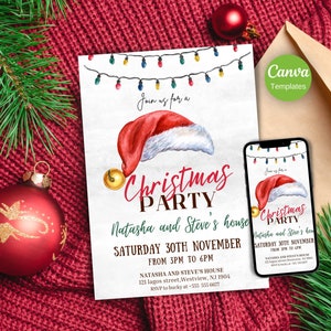 Digital Christmas Party Invitation, Electronic Christmas Party Invitation Template, Santa Hat Holiday Invite