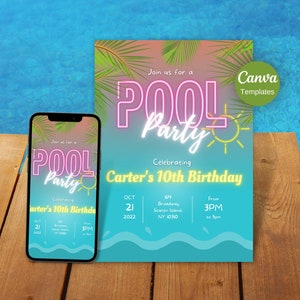 Pool party invitation instant download, kids neon pool party invitation, Digital Pool Birthday Party Invitation