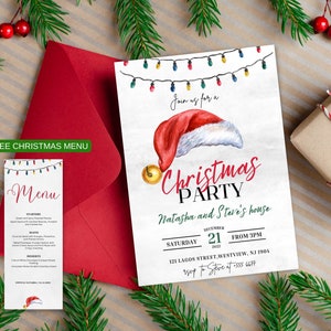 Christmas Party Invitation Template, Digital Christmas Party, Santa Hat Christmas Invite, Holiday Party Invitation Template