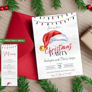Sjabloon voor uitnodiging voor kerstfeest, digitaal kerstfeest, kerstmuts voor kerstuitnodiging, sjabloon voor uitnodiging voor vakantiefeest