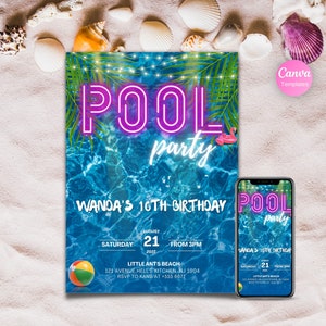 Modello di invito per compleanno festa in piscina, invito per festa in piscina al neon, invito a festa estiva per bambini, invito DIGITALE