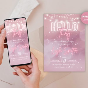 Convite de festa de 30 anos, convite de aniversário de 30 anos editável rosa, convite de aniversário neon rosa, convite digital de 30 anos