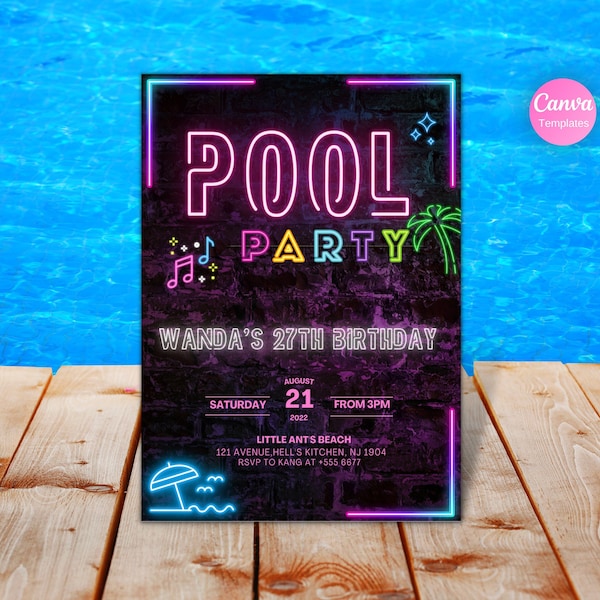 Modèle d'invitation de fête de piscine au néon, invitation d'été de fête de piscine modifiable