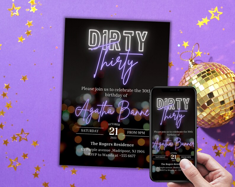 30th birthday invitation template Purple neon 30th birthday invite Dirty thirty birthday invitation digital editable 30th