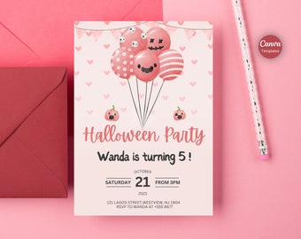 Pink Halloween Birthday Invitation Girl, Editable Halloween Party for Kids, Fall Pumpkin invitation