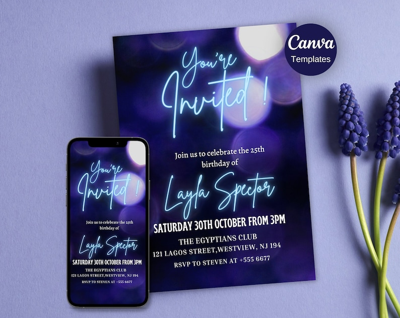 Neon Birthday Invitation Editable purple neon birthday invitation Adult birthday invitation Glow party invite Fun birthday