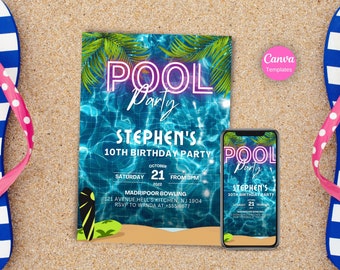 Pool Party Invitation Instant Download, Neon Pool Party Invitation Template, Digital Pool Party Birthday invitation