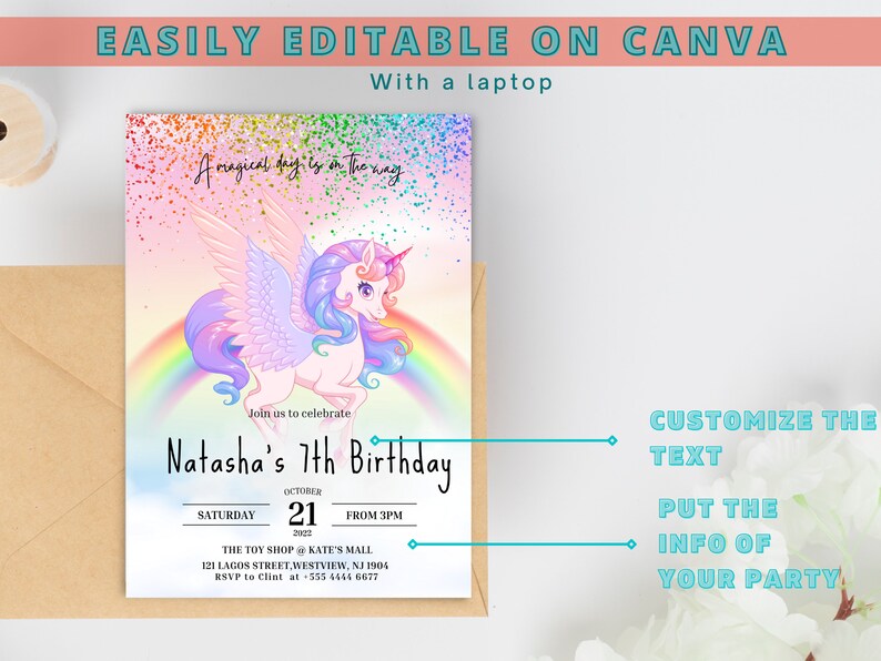 Digital Unicorn Birthday Invitation Cute Unicorn Party Etsy