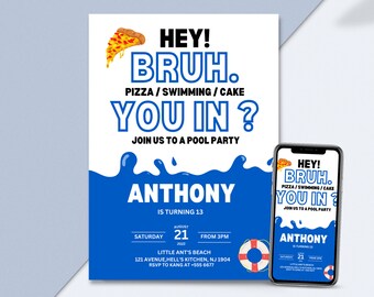 Pool Party invitation for boys, Teenage pool party invite, Printable swimming pool