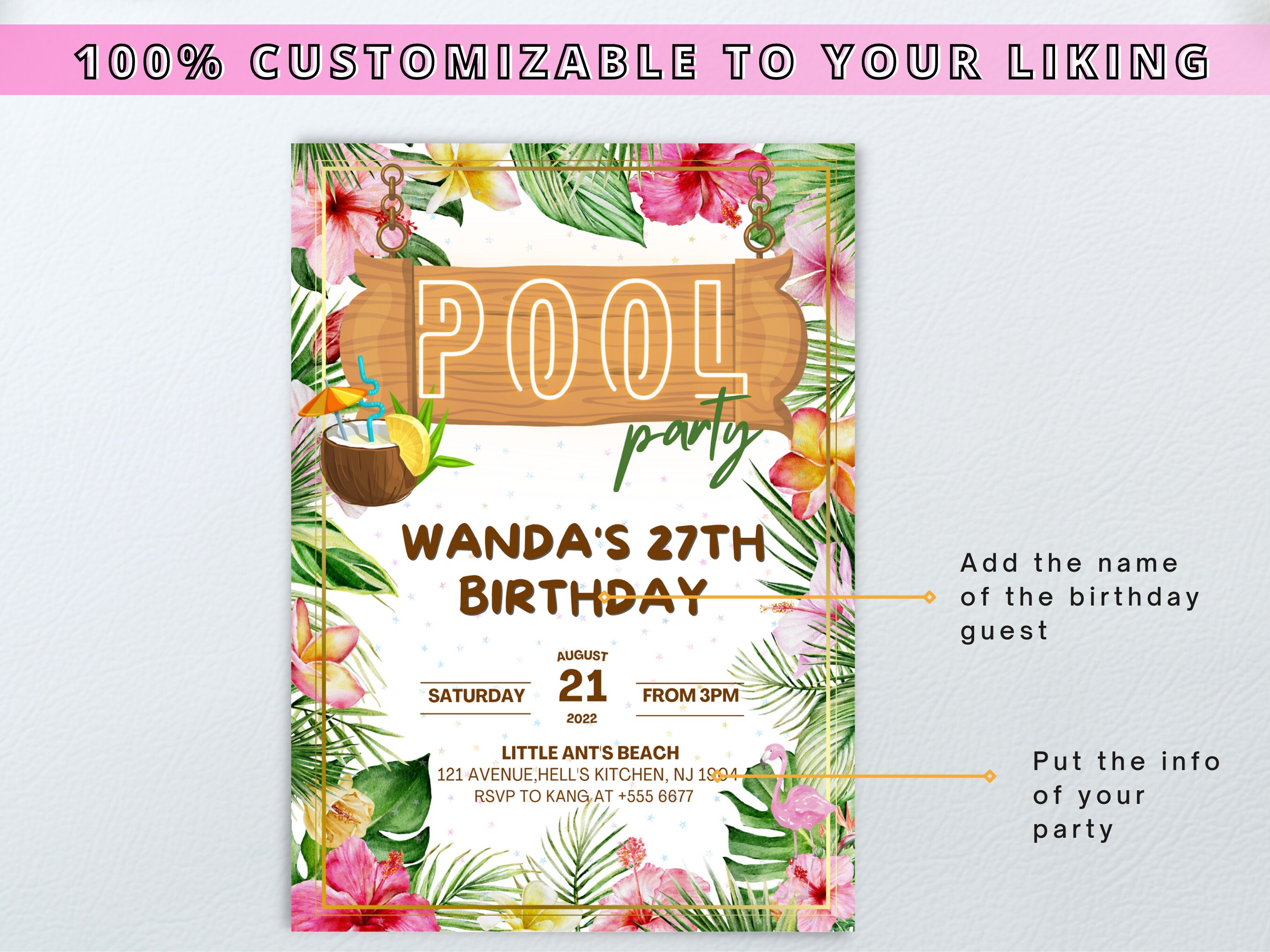 Editable Hawaii Birthday Invitation Template, Pool Party Invite Adult ...
