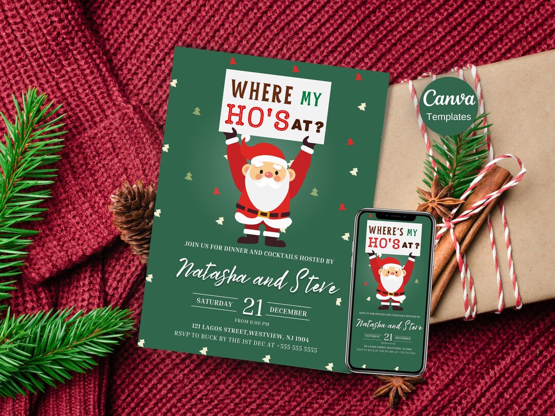 Funny Christmas Invitation, Friendsmas Invite, Where My Ho's at Electronic Christmas Party 