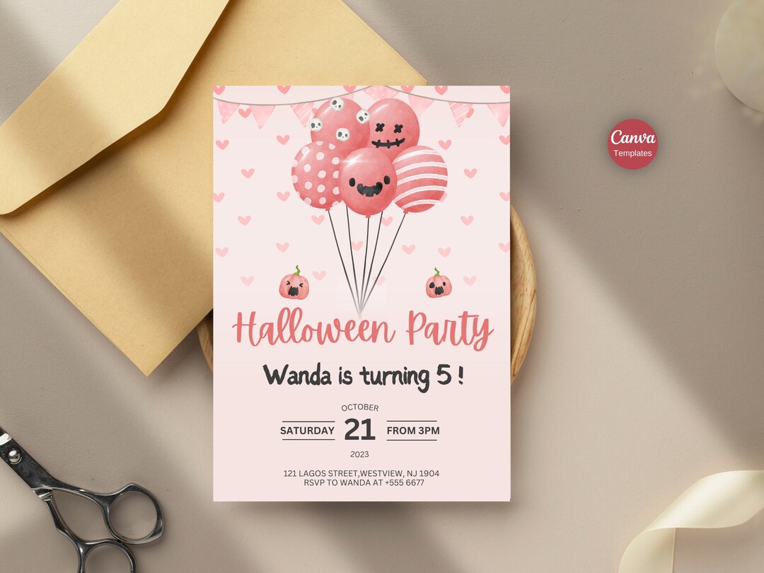 Girl Halloween Birthday Invitation for Five Year Old, Pink Fall Autumn