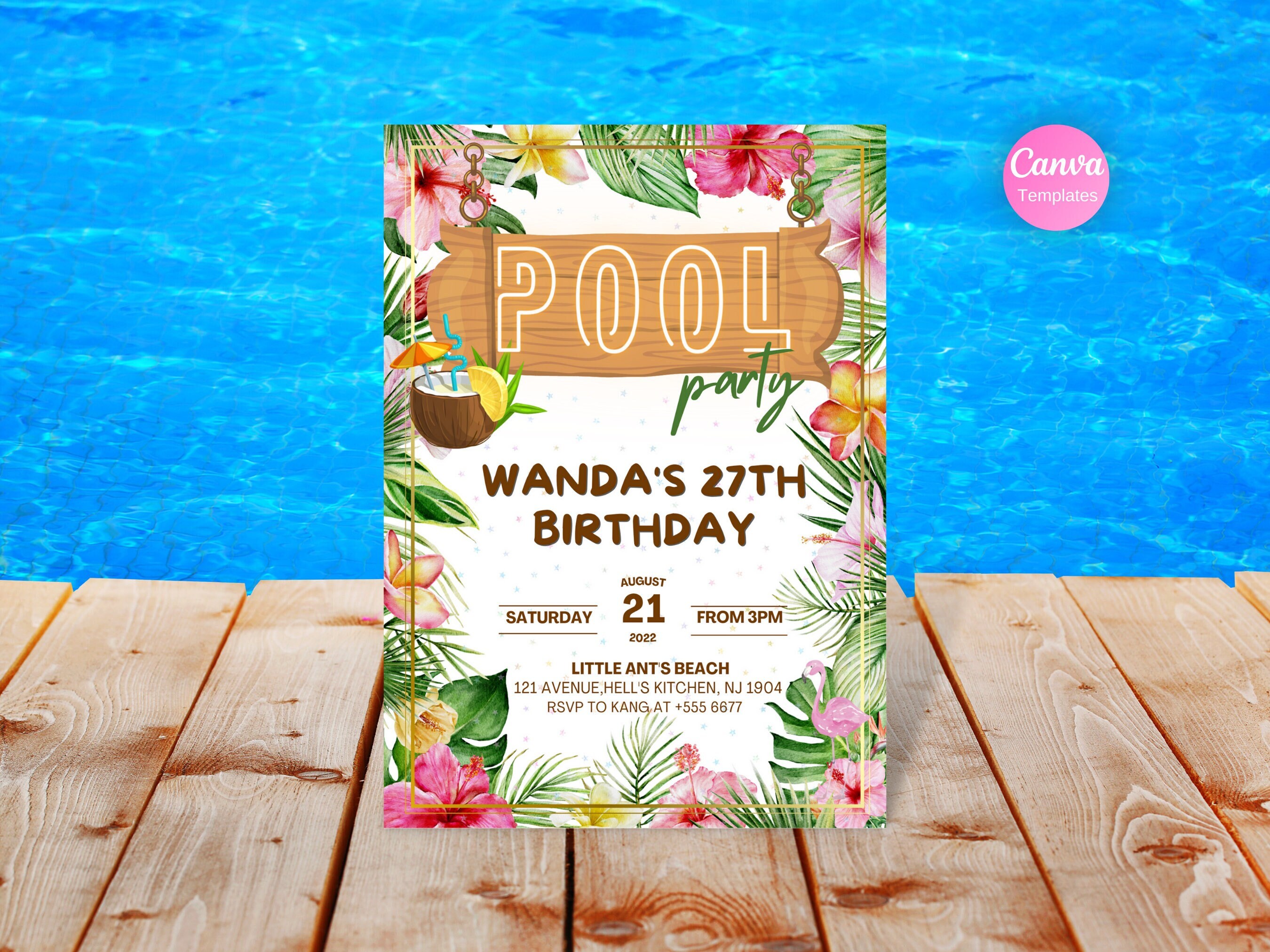 Editable Hawaii Birthday Invitation Template, Pool Party Invite Adult ...