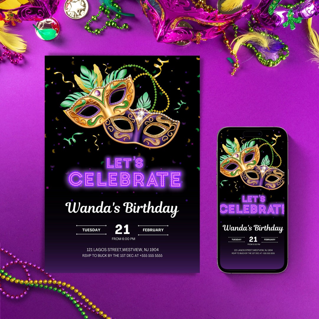 Mardi Gras Invitations Templates, Mardi Gras Soirée, Let's Celebrate