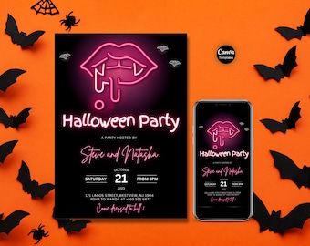 Pink Halloween Party Invitation Adult, Halloween Digital Invite, Instant Download, Canva Template