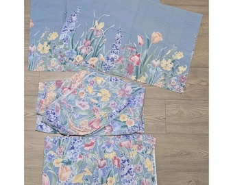 Juego de sábanas vintage Wamsutta Superscale Queen de 4 piezas, algodón peinado, fabricado en EE. UU., flores azules.