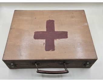 Kit di pronto soccorso vintage in legno, scatola in legno per medico/dottore, custodia militare dipinta