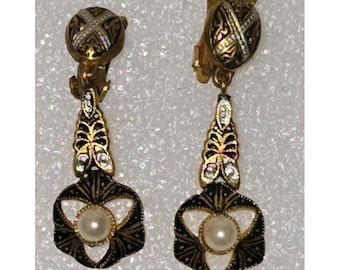 Boucles D'oreilles Pendantes Clip VTG Espagne Belles Perles Habillées