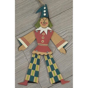 Vintage German Wooden Jumping Jester Clown Pull String 10" Rare Elf Holiday Toy