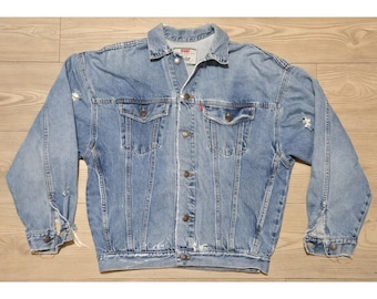 Kurtka dżinsowa Levi's Vintage, rozmiar XL, niebiesko-zielono-biała, zapinana na guziki, z przetarciami