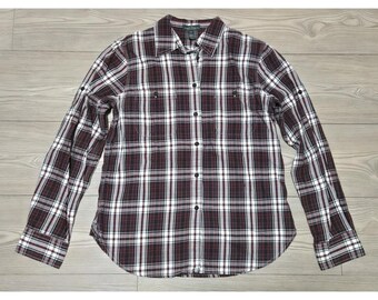 VTG Lauren Ralph Lauren Button Up Shirt Femme Petit Carreaux Noir Rouge À Manches Roulées