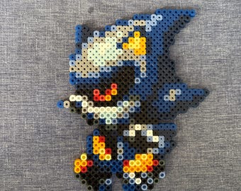 May include: A pixel art creation of Metal Sonic, a character from the Sonic the Hedgehog video game series. The figure is primarily blue, with accents of black, white, yellow, and red. The artwork is made from small, fused beads.