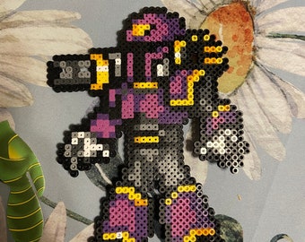 May include: A pixel art character made of colourful beads. The character is a robot with a purple and black body, yellow accents, and a white helmet. The robot is standing with its arms raised.