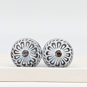 Vintage Style Flower Pressed Metal Knob | Distressed Gold White Drawer Pull | Kitchen Cabinet Handle