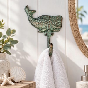 Green Whale Cast Iron Wall Hook | Key Rack Hanger | Coastal Beach House Decor
