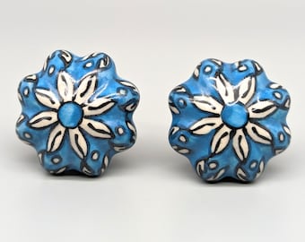 Blauwwitte keramische bloemknop | Ladetrekker voor dressoir | Deurknop keukenkast