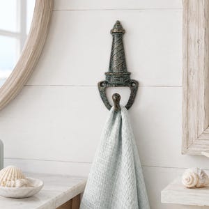 Distressed Sea Green Lighthouse Hook | Cast Iron Coastal Wall Decor | Key Rack Hanger