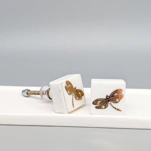 White Gold Dragonfly Stone Knob | Cabinet Knob | Drawer Knob | Stone Knob | Dresser Pull | Dragonfly Decor | Dragonfly Gifts
