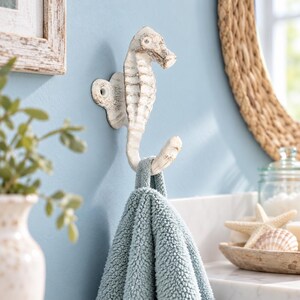 Rustic White Seahorse Iron Wall Hook | Sea Animal Key Rack Hanger | Coastal Decor