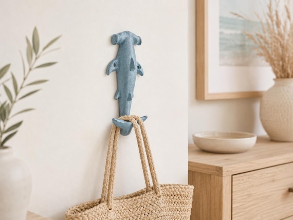 Blue Hammerhead Shark Cast Iron Wall Hook | Key Hanger | Entryway Hook | Sea Animal Decor