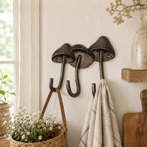 Cast Iron Mushroom Triple Wall Hook | Rustic Key Rack Hanger | Kitchen Decor