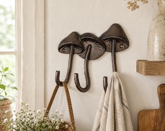 Cast Iron Mushroom Triple Wall Hook | Rustic Key Rack Hanger | Kitchen Decor