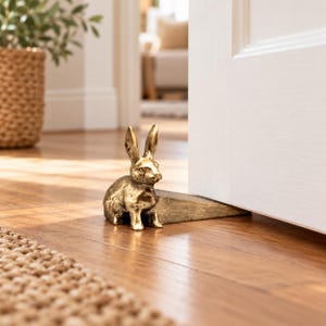 May include: A metallic gold-toned doorstop shaped like a rabbit. The rabbit is in a seated position with upright ears, attached to a wedge-shaped base that is positioned to hold a white door open against a wooden floor surface.